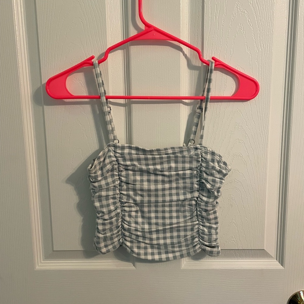 Hollister Blue and White Ruched Crop Tank Top